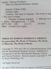 Three by Szekely: Edmond Bordeaux Szekely’s Book of Vitamins-Book of…