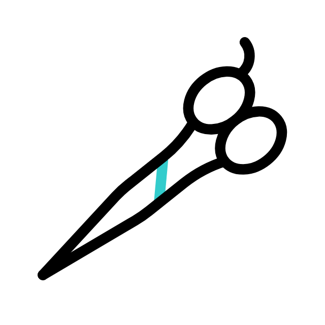 Black scissors icon with a turquoise accent on a white background
