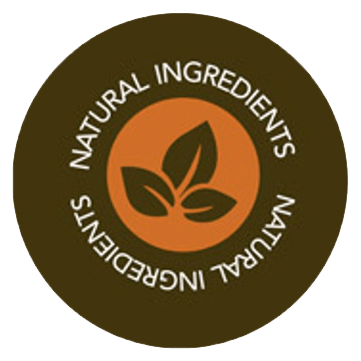 Circular badge with brown and orange leaf icon, reading “Natural Ingredients” around the edge