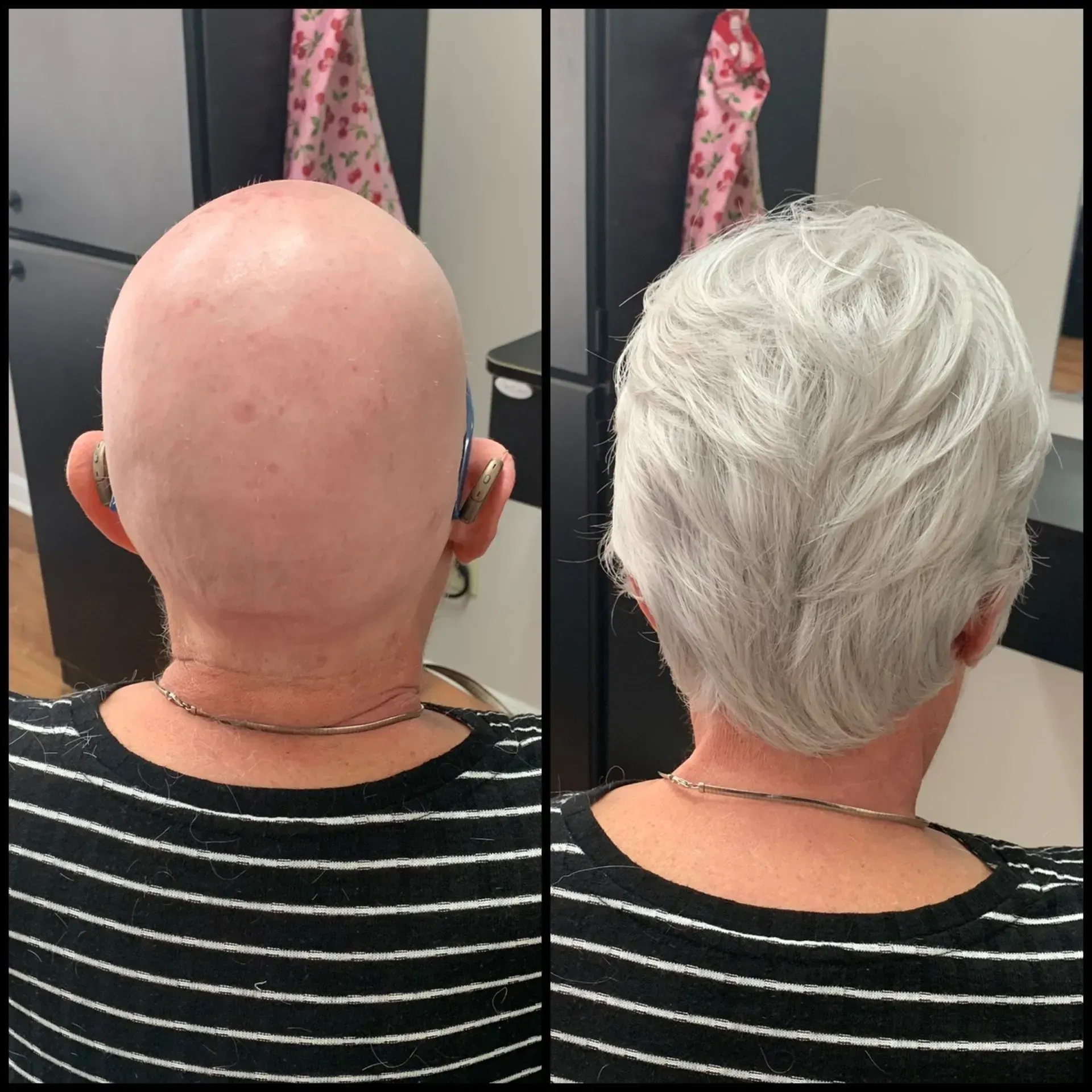 Back and side views of a bald head with short white hair in a salon mirror.