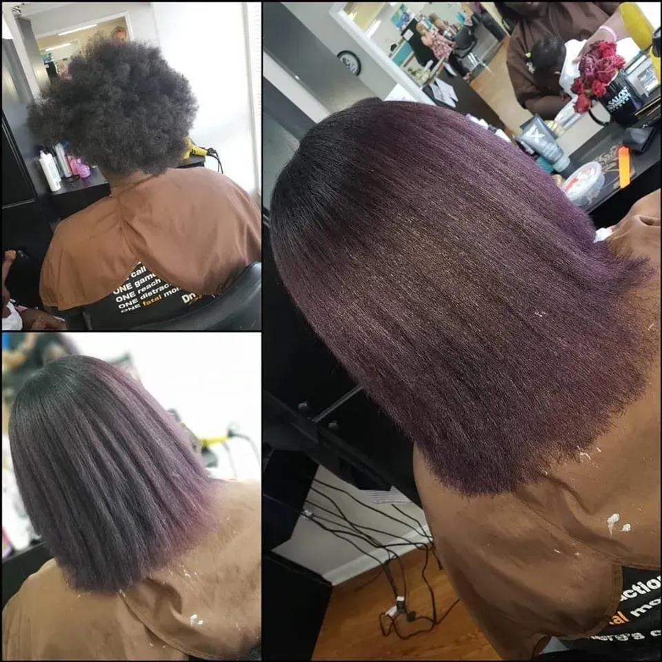 Collage of a short textured haircut transformation with brown and purple-toned hair in a salon mirror.