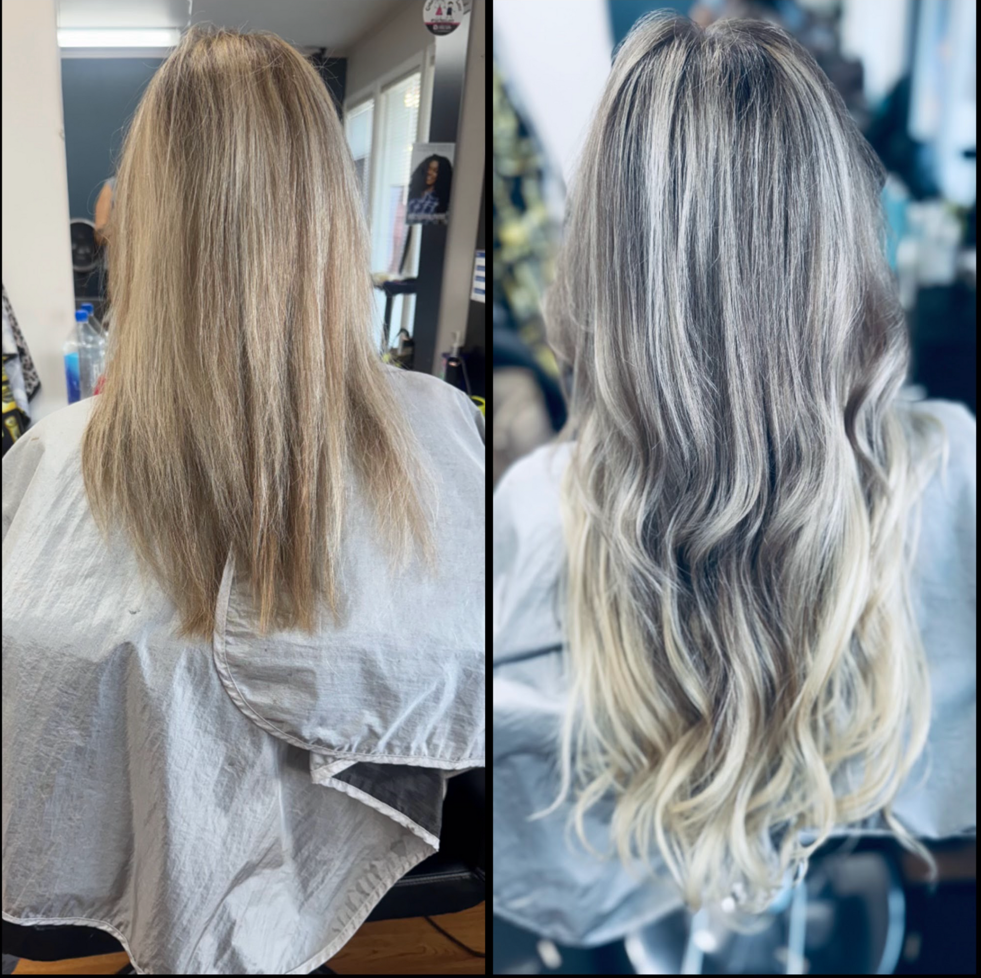 Before-and-after salon hair transformation: blonde hair changed to silver-gray ombré waves.