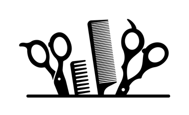 Black silhouette of scissors, combs, and hairdressing tools on a white background.